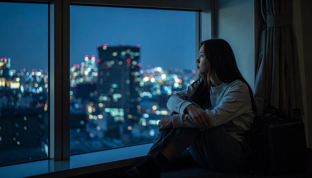 Firefly_A woman is sitting by a large window in a dark modern hotel room, gazing over the vie 192105.jpg