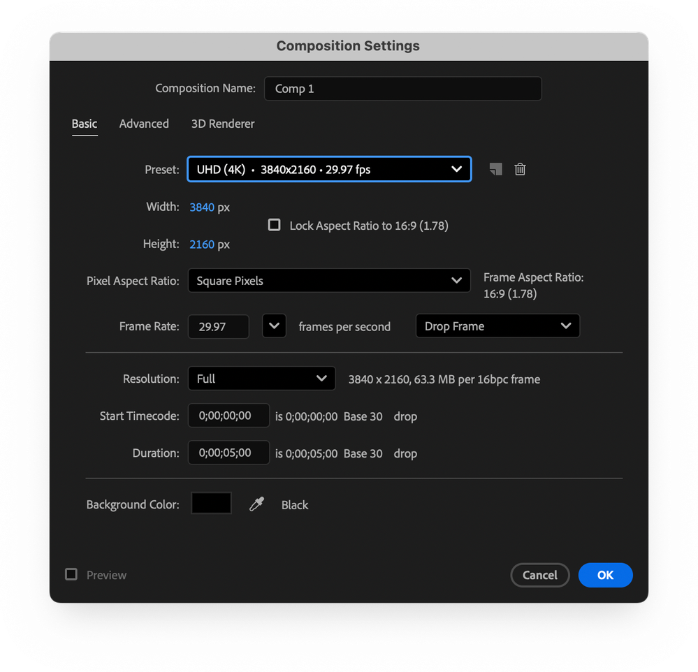 Pictured:  The After Effects Composition Settings dialog box with the Preset pop-up menu in focus for reference.
