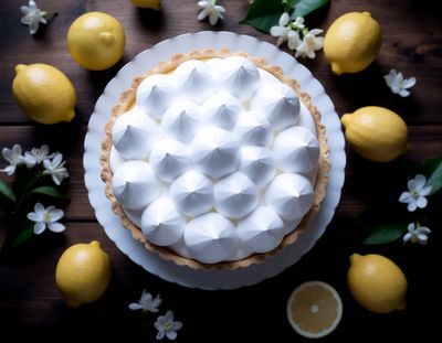 Firefly_Place a lemon meringue pie in a beautiful white dish on a wooden table. Next to the p 185889.jpg
