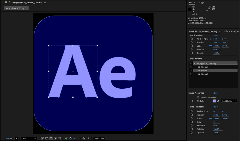 An SVG of the After Effects logo imported as native Shape layers.