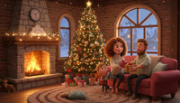 Firefly_In cute pixar-style 3D animation, illustrate a cozy living room, fireplace aglow, and 267677.png