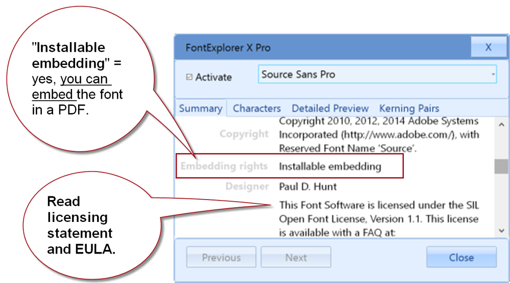 "Info" about the font file. This is Linotype's Font Explorer program.