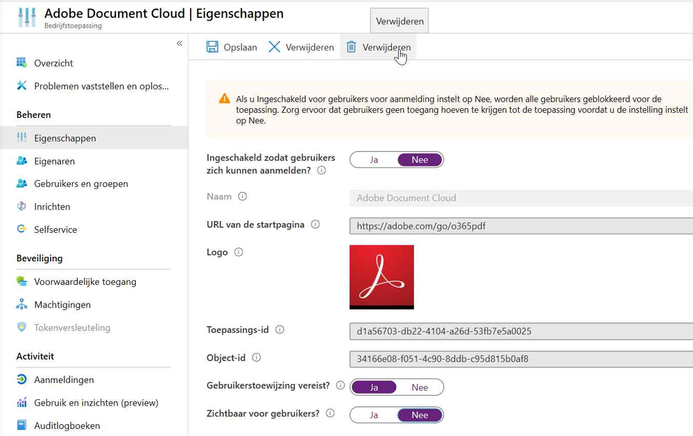 Revoke permissions from Adobe Document Cloud and delete the application in Azure