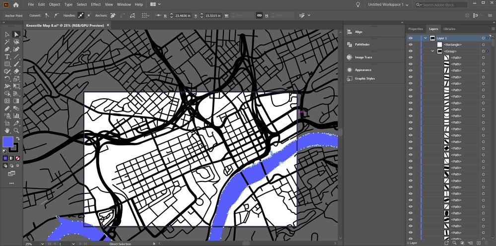 Clipping mask shape, all paths, river is compound shape.