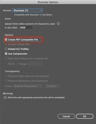 Check "Create PDF Compatible File" option