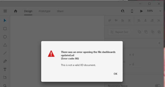 Unable to open a file in XD getting Error 86: This... - Adobe Support ...