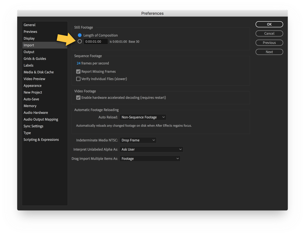 Preferences > Import > Still Footage